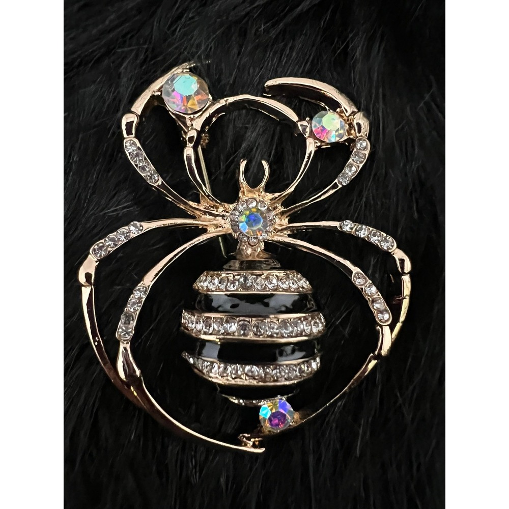 Spider Brooch Black Enamel Rhinestone Gold Tone Statement Pin 2.25"